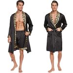 N&D Eyong Men's Luxurious Silk Bathrobes Long Sleeve Satin Kimono Robe with Shorts Sleepwear Set Printed Bathrobes