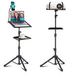 Lusweimi Projector Tripod Stand, 50” Laptop Stand with 2 Shelves for Projector, iPad, DJ Equipment, Portable Adjustable Floor Stand with Gooseneck Phone Holder for Office, Home, Stage or Studio