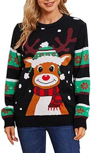 VENTELAN Women's Christmas Sweater Funny Christmas Deer Knitted Pullover Snowflake Long Sleeve Sweater Jumpers,Black,XXL