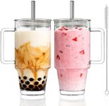 KEMORELA 24oz Clear Glass Tumbler with Handle, Lid & 13mm Stainless Steel Straws,2 set–Wide-Mouth Reusable Glass Cups for Cold & Hot Drinks, Ideal for Boba,Smoothies, Iced Coffee & Juice, Travel Cup