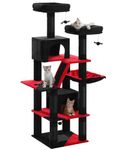 PEQULTI Cat Tree, [70.9"=180cm] Large Cat Tree for Indoor Cats, Tall Cat Tree for Large Cats, Multi-Level Plush Cat Tower with 6 Scratching Posts, 2 Cat Condos, 2 Perches, Hammock, Pompoms, Black