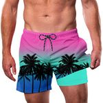 Cozople 2 in 1 Swim Trunks for Mens Drawstring Stretch Waist Boxer Briefs Swimwear Pink Green Contrast Lightweight Beach Shorts for Volleyball