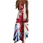 2022 Halloween Costumes for Women Dresses for Women Summer Casual Sleeveless Maxi Dress Spaghetti Straps V Neck American Flag Print 4th of July Sundress C-Blue