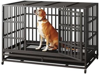48 inch Heavy Duty Indestructible Dog Crate Steel Escape Proof, Indoor Double Door High Anxiety Cage, Kennel with Wheels, Removable Tray, Extra Large XL XXL