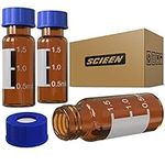 SCIEEN Autosampler Vial, 2ml HPLC Vial, Amber Lab Vial, Sample Vial with Writing Area, 9-425 Screw-Thread Vial, Blue Screw Cap with Hole, Red PTFE & White Silicone Septa 100 Pack