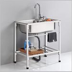 Stainless Steel Single Basin Kitchen Sink with Stand, Home Simple Laundry Sink with Faucet, Practical Freestanding Vanity Sink, Commercial Sink for Laundry/Backyard