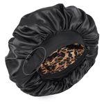 XRACEPHOL Satin Silk Bonnet for Sleeping Double Layer Sleep Cap for Men & Women Adjustable Silk Hair Wrap for Curly Hair（Black and Leopard）
