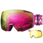 OutdoorMaster Heron Ski Goggles with 2 Lens, Frameless, Magnetic Interchangeable HD Toric Lens, OTG Snowboard Goggles(RoseFrame RevoPink Vlt 13% + YellowLens)