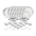 La Opala Diva Classique Collection Opal Glass Crockery | for Family of 6 | Dinner Set 35 pcs Misty Drops | Plates & Bowls for Dining | Microwave Safe | 100% Vegetarian | Extra Strong | White