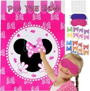 AYINOBY Pink Mouse Party Supplies Decorations, Pin The Bow on Mouse Party Game , Pink Mouse Large Waterproof Poster with 24Pcs Bow Stickers Favors for Pink Girls Birthday Party