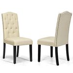 COSTWAY Dining Chairs Set of 2, Upholstered Fabric Kitchen Chairs with Tufted High Backrest, Adjustable Feet & Solid Wood Legs, Parson Accent Diner Chairs for Living Dining Room (with Rivet,2, Beige)