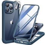 Miracase Glass Case for iPhone 15 Pro Max Case 6.7'', Full-Body Bumper Phone Case Cover with Built-in 9H Tempered Glass Screen Protector & Camera Lens Protector, Storm Blue