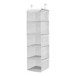 BrilliantJo Hanging Wardrobe Organiser 5 Shelves Closet Storage Hanging Shelves with 6 Side Pockets Clothes - Grey Strip(12 x 12 x 43 inch)