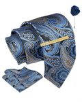 Axlon Navy Blue Pasiley Silk Blend Formal Ties Set With Pocket Square, Cufflink, Tie Clip & Flower Pin With Gift Box For Mens (Axfbk23)