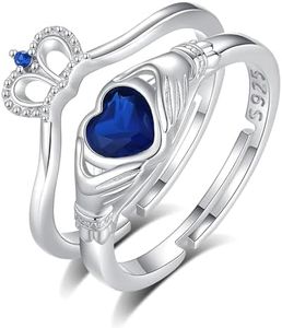 INFUSEU Claddagh Rings for Women Sterling Silver Irish Celtic Knot Heart Ring Crown Tiara Stackable Jewelry for Love Friendship Promise Wedding Bands Stack Adjustable Blue Set 925