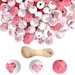 120 Pcs Valentines Day Wooden Beads White Pink Love Heart Print Wood Beads Farmhouse Round Wooden Spacer Beads with 21.8 Yards Hemp Rope for Wedding Valentine Party Decor DIY Gift Craft Decoration