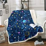 Loussiesd 3D Galaxy Sherpa Blanket Kids Boys Outer Space Theme Fleece Throw Blanket Cartoon Planets Stars Plush Blanket Universe Starry Sky Fuzzy Blanket for Sofa Bed Couch Single 50x60 Inch