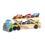 Melissa & Doug Mega Race-Car Carrier (Wooden Double Decker Trailer With 6 Unique Race Cars)