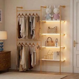 DABILONGC Industrial Pipe Clothes Racks with LED Lights& Shelves, Heavy Duty Adjustable Garment Hanger with Shelves, 2 Installation Methods Closet Storage System for Wardrobe Organization,Gold