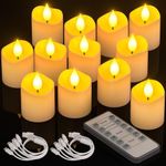 PChero Rechargeable Flameless Tea Lights Candles with Remote Timer, 12 PCS Flickering Electric Fake LED Votive Candles with 2 USB Charging Cables for Wedding Christmas Fall Home Decor