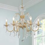 Bestier Gold Finish Elegent Crystal Candle Candelabra Chandelier 6 Light Lighting Fixture LED Pendant Ceiling Light Dia 26 in x H 26 in