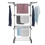 Bigzzia Clothes Drying Rack Folding Drying Rack Clothing 4 Tier Clothes Horses Rack Stainless Steel Laundry Drying Rack with Two Side Wings Grey