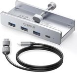 ORICO USB Hub 3.0 Clamp With Extra Power Supply, Aluminum 4-Port Adapter With 3 USB-A Data Ports, USB-C for Monitors, Desks - Silver