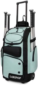 LARIPOP Rolling Baseball Bag Wheeled Softball Backpack, 55L Bat Bag with 4 Bat Holders, Ventilated Shoe Compartment, Fence Hook & Telescopic Handle, Wheels Equipment Gear Tote for Youth Players