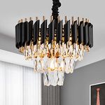 SUANI Black Golden Italian K9 Crystal Pendant Ceiling Metal Chandelier | Chandelier | Chandelier for Living Room | Jhumar for Home | Jhoomar for Hotel | Chandelier Light, Black Gold, Round (400) mm