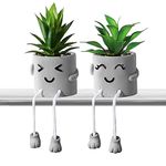 Funvalley Surperfect 2 Pack Cute Artificial Potted Plant Fake Plants Potted with Hanging Leg, Emotional Cement Faux Succulents Potted Plants Decor for Home Office Bookshelf Bathroom Shelf Table Desk