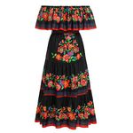 AWIBMK Mexican Dress for Women Floral Print Raditional Ethnic Cinco De Mayo Fiesta Long Maxi Dresses Black S