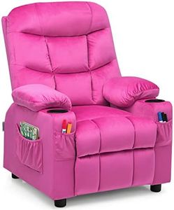 COSTWAY Larger Kids Recliner Chair, Adjustable Lounge Recliner w/ 2 Cup Holders, 1 Side Pocket, 2 Front Pockets, Footrest, Velvet Fabric Recliner for Boys & Girls, Ideal for Bedroom (Pink)