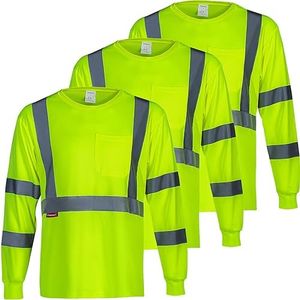 ProtectX 3-Pack Class 3 Long Sleeve High Visibility Safety T-Shirt with Elastic Reflective Stripes, Men's Heavy Duty Breathable Hi Vis Reflective Shirts, Green - 4X-Large