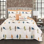 Lush Decor Rowley Birds Quilt Reversible 7 Piece Bedding Set with Floral Animal Bird Print and Decorative Pillows, King, Multi