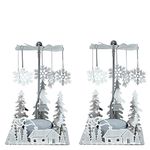 Silver Winter Cabin Candle Spinner - Silver Plated Laser Cut Winter Scene Cabin Trees Design with Snowflake Charms - Tea Light Candle Holder - Christmas Décor - Set of 2