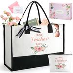 TRSODD Teacher Christmas Gifts for Women, Can-vas Teacher Tote Bag, Personalized Teacher Birthday Retirement Gifts, Teacher Appreciation Gifts Best Teacher Ever w Makeup Bag Inner Pocket Gift Box Card