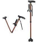 SUEH DESIGN Folding Walking Stick with LED Light for Men and Women, 11 Heights Adjustable, Collapsible Elderly Walking Cane with Side Handle, Bronze