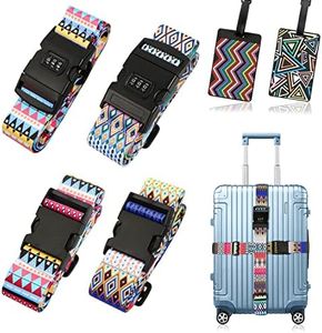 Correas de Equipaje, 4 Piezas Correas para Maleta con 2 Piezas Etiquetas de Equipaje,Ajustables Luggage Strap con combinación de Cerradura y Hebilla,Cinturones para Maletas Viaje Accesorios