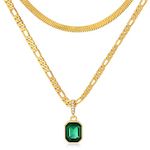 Mesovor 18K Gold Layered Crystal Necklace, 3mm Figaro Chain Necklaces | Dainty 4mm Snake Chain Choker Necklace for Women Girls Jewelry Gifts (Green)