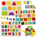 Wooden Puzzles for Toddlers, Kesletney Wooden Alphabet Number Shape Puzzles for Kids Ages 3 4 5 and Up, Ideal Early Educational Learning Montessori Toys (3 Pack)