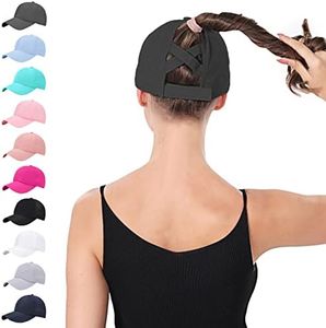 BUTITNOW New Upgraded Women Criss Cross Hat High Ponytail Baseball Caps Adjustable High Messy Bun Ponycap Trucker Hats, A1-Black, Medium