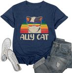 Ally Cat Shirt for Women Pride Tshirt LGBT Gay Shirts Cat Pride T-Shirt Rainbow Graphic Tee Tops, Blue, XX-Large