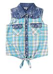 BIENZOE Girl's Plaid Denim Sleeveless Blouse Casual Tank Tops Turquoise/White 8