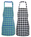 GLUN Waterproof Unisex Kitchen Checkered Design Apron with 2 Front Centre Pocket With Adjustable Neck Strap (Pack Of 2)