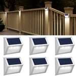 JSOT 6 Pack Solar Deck Lights Bright 3 LED Stair Lights Auto On/Off Waterproof Stainless Steel Step Lights Outdoor Solar Lamp for Patio Walkway Garden Fences Pathway Wall Paths (White Light)