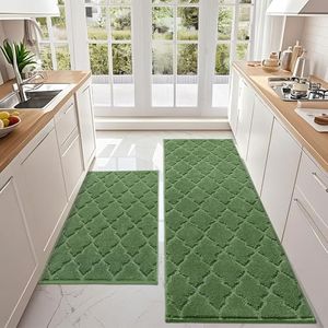 COSY HOMMER 2 Pack Nonslip Kitchen Rug Set, 100% Polyester Absorbent Soft Kitchen Floor Mats Carpet Rug Mat Runners,Machine Washable & Anti-skid TPR Backing, 61x90cm+61x152cm, Green