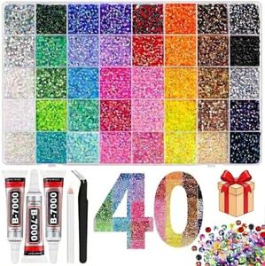 40,000Pcs 40 Colors Resin Jelly Rhinestones Bedazzling Kit - 3mm Sparkly Flatback Gems with 3Pcs B7000 Glue & Tools, Bedazzler Kit for Nail Art, Shoes, Book, Clothes, DIY Crafts Gifts
