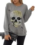 Blooming Jelly Women's Halloween Sweatshirts Skull Graphic T Shirts Long Sleeve Skeleton Shirt Gothic Fall Outfits 2024 (Medium, Grey-Leopard)