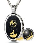 Romantic I Love You to the Moon and Back Necklace Pure Gold Inscribed with Nostalgic Howling Wolf and Stars onto Onyx Gemstone Love Pendant for Valentine, 18" Chain