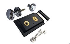 Haven Heritage Deadbolt Door Lock Cast Iron Knobs/Handle - Shed Llock, Garden Gate Lock with Key, Rim Lock Door Knobs, Gate Dead Bolts & Rim Locks with Keys Rim Lock Set 6"x 4" (Lock + Chrome Handle)